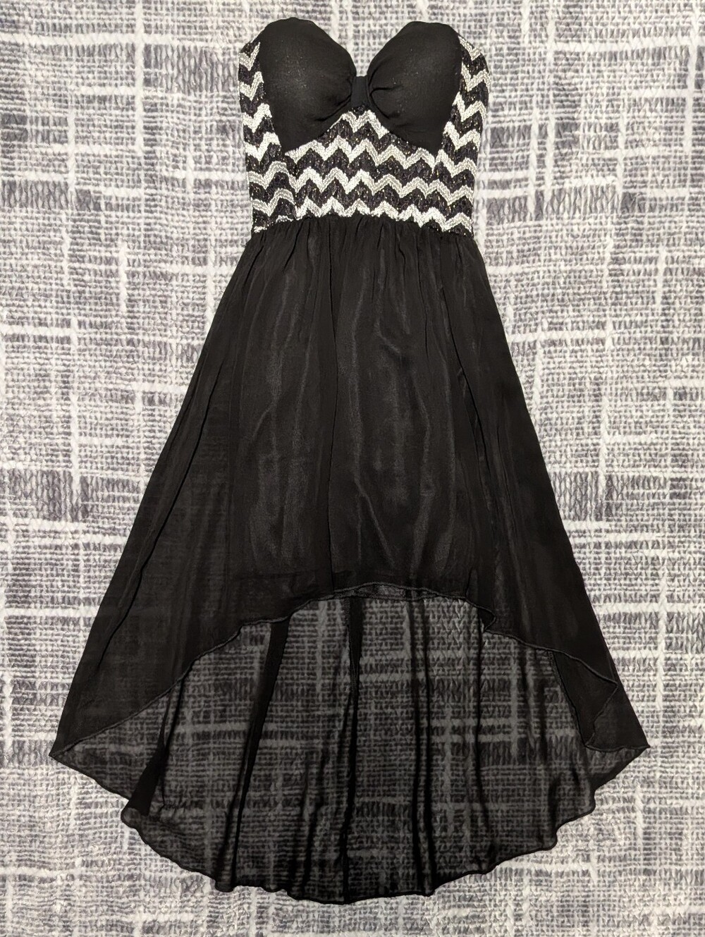 Black And Silver Strapless High-Low Dress w/ Chevron Bodice